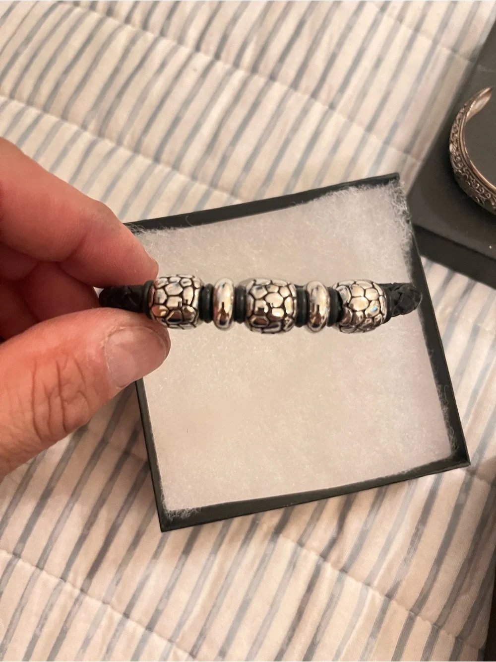 Men's Black Braided Leather Bracelet with Silver Bead Accents